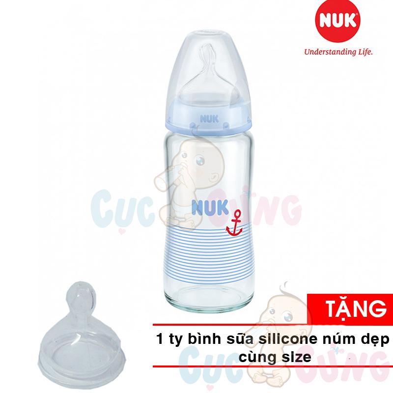 Bình sữa nuk cổ rộng thủy tinh 240ml núm ti silicone s1 -m nu66128 tặng 1 ty thay binh sua