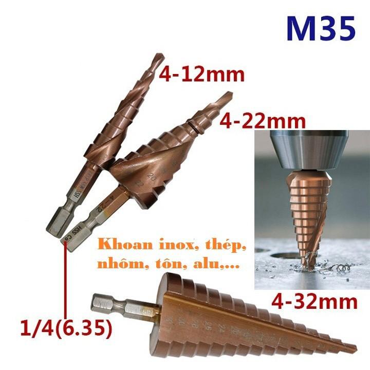 Bộ 3 mũi khoan tháp hss coban m35 4-32mm khoan inox, thép, sắt, nhôm, tôn,..