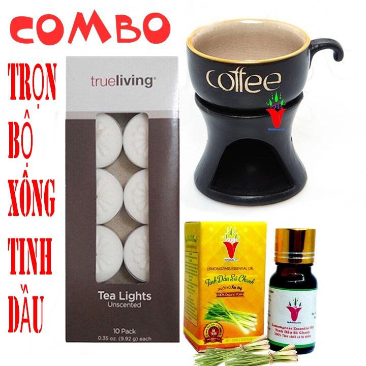 Combo bộ đèn xông tinh dầu | 1 hộp nến tea lights 10 viên + 1 đèn nến hình tách cà phê + 1 chai tinh dầu sả chanh 10ml | ấn độ