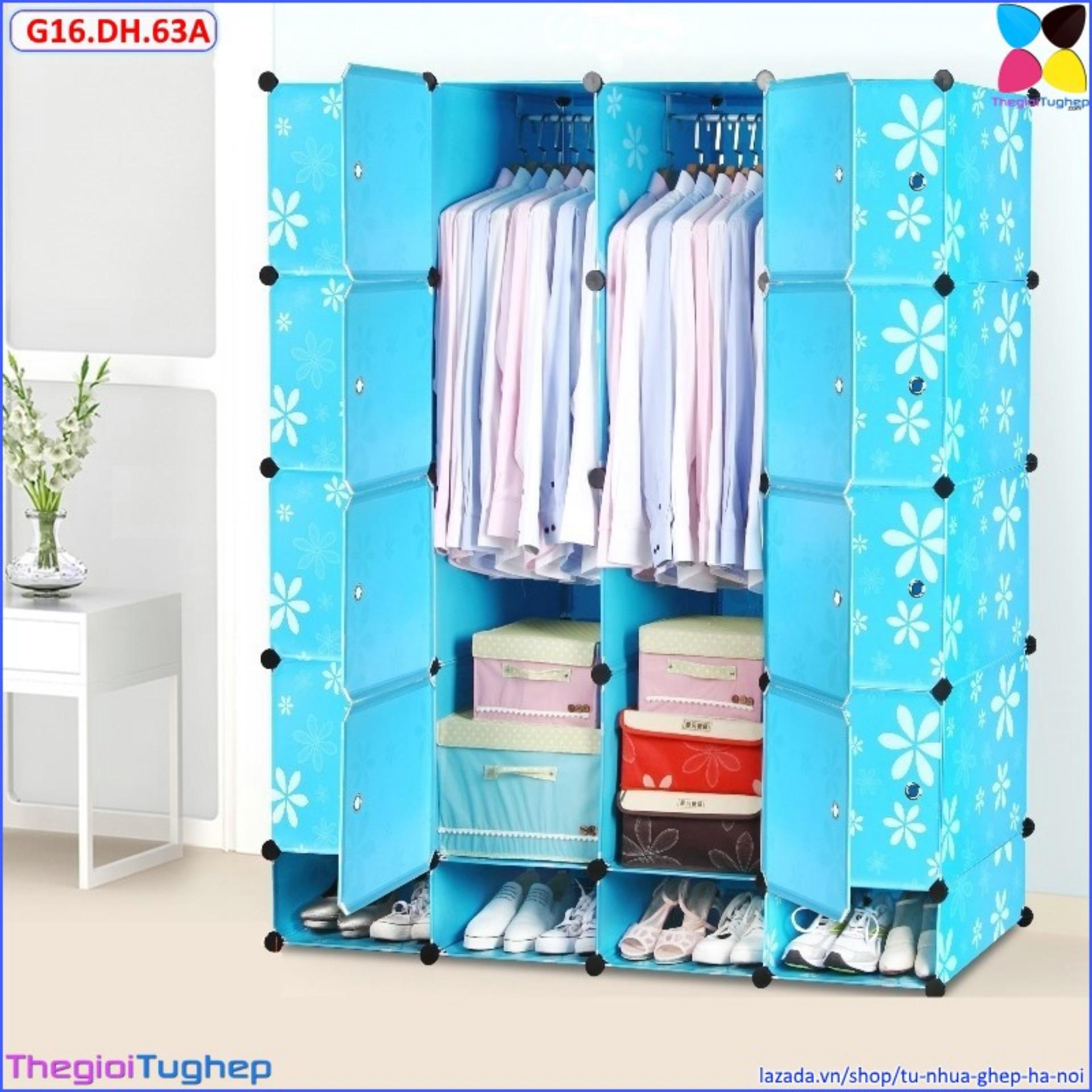 Tủ quần áo 16 ô và 4 ô giầy xanh dương hoa cửa xanh dương hoa g16.dh.63