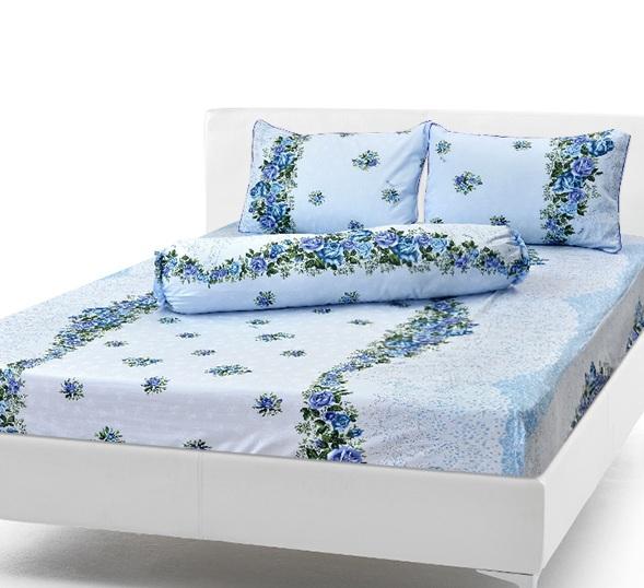 Bộ Drap Cotton Thắng Lợi 4 món, áo gối chần gòn, mẫu hoa hồng nhí xanh