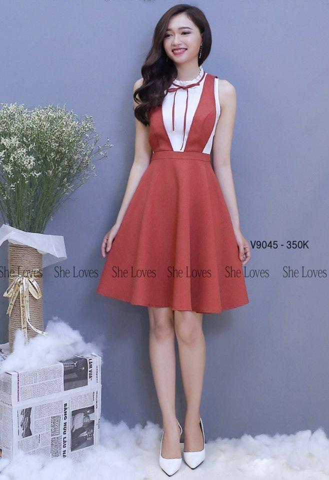 Set yếm xòe áo sn viền dây cột nơ