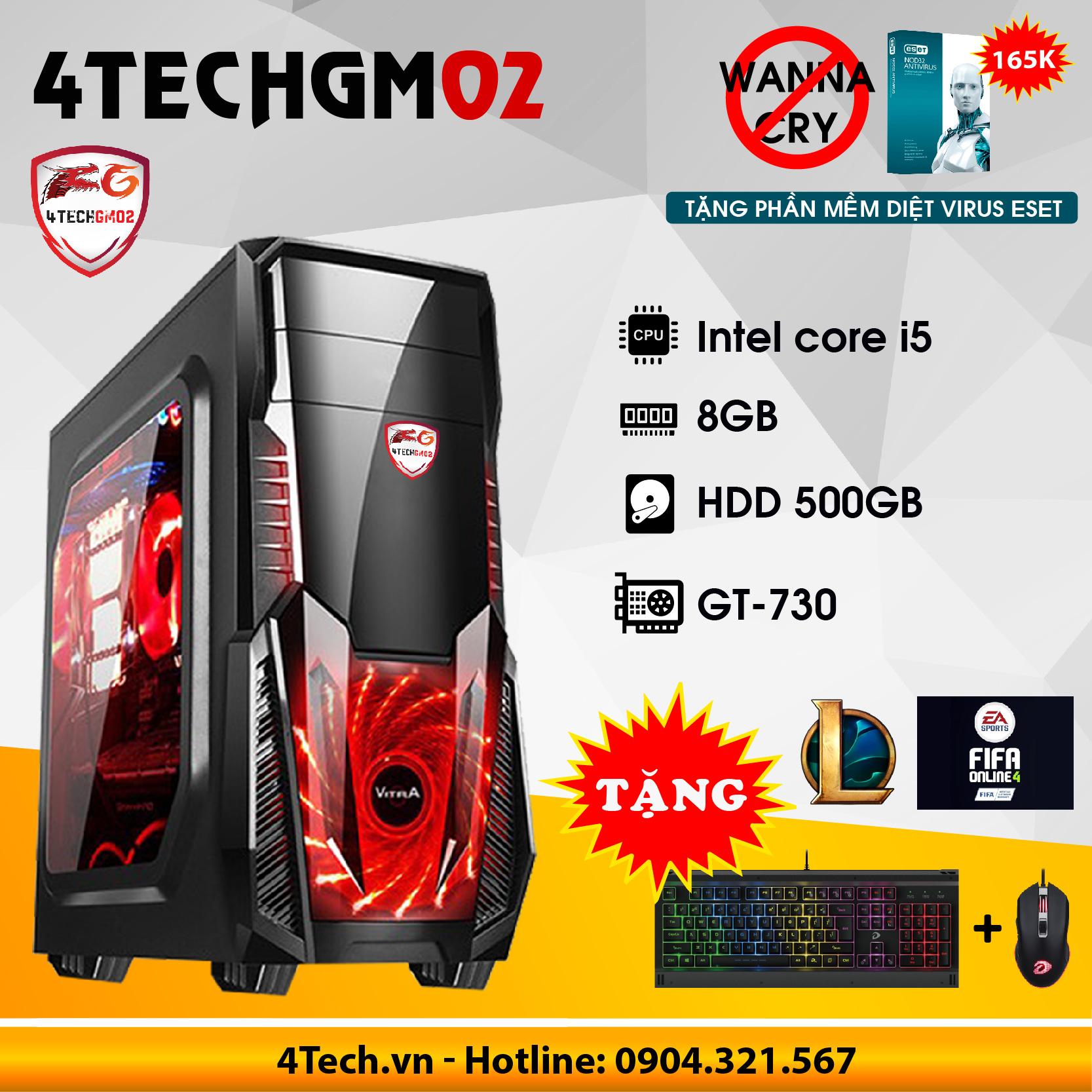 Máy tính chơi Game 4TechGM02 core i5, ram 8GB, hdd 500gb, vga GT730(chuyên LOL, FIFA, Stream) - Tặng phím chuột Gaming DareU.