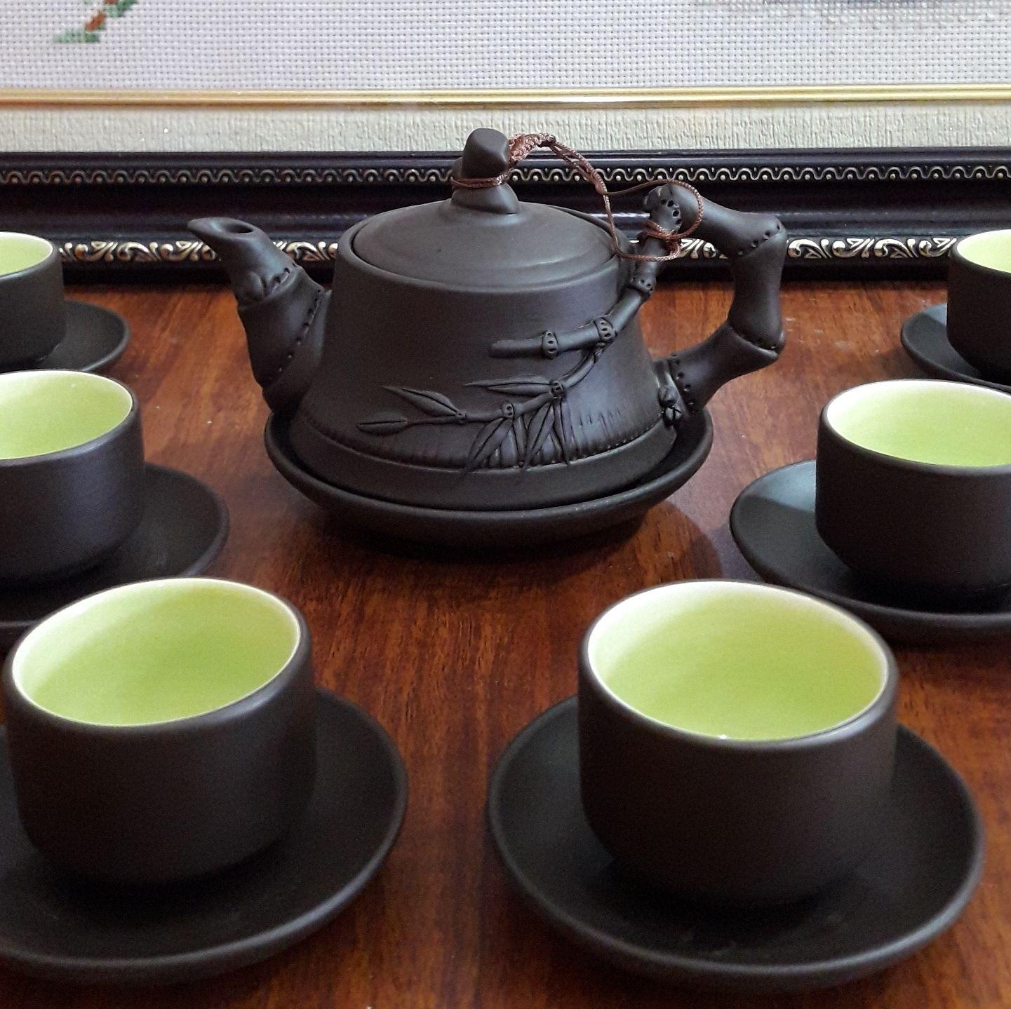 Bộ ấm chén tử sa Bát Tràng đắp nổi trúc