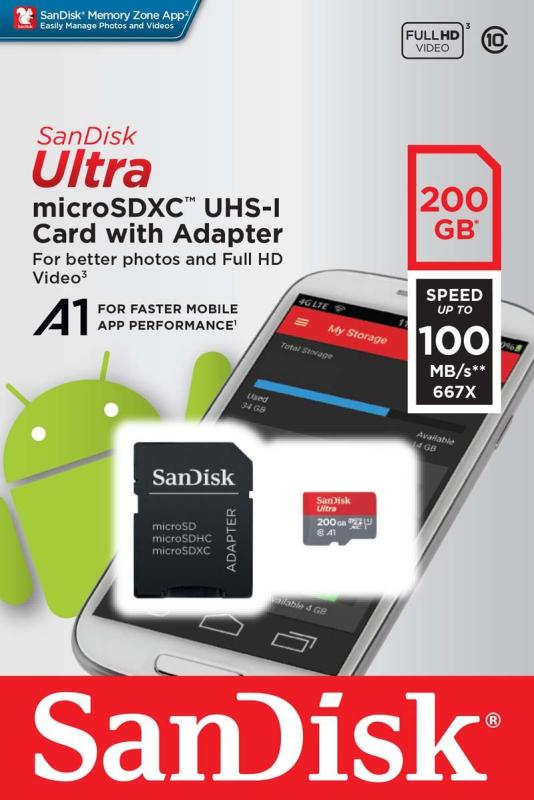 Thẻ nhớ MicroSDHC SanDisk Ultra A1 200GB Class 10 U1 100MB/s (có Adapter) - Hãng Phân Phối Chính Thức