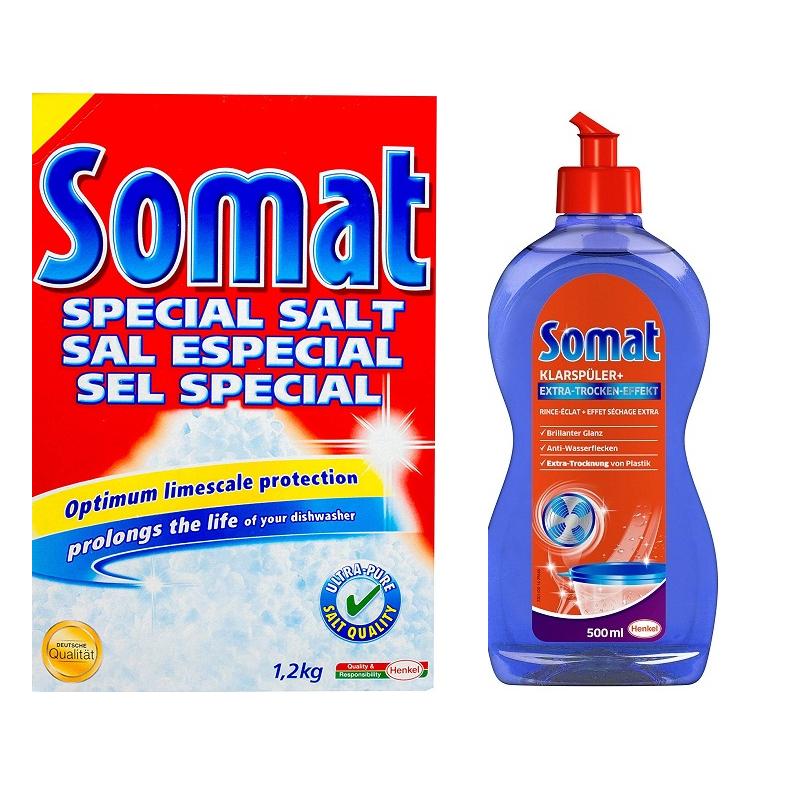 Combo chai nước làm bóng ( Nước trợ xả ) Somat + hộp muối làm mềm nước Somat 1,2kg