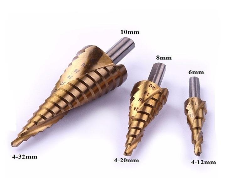 Bộ 3 mũi khoan bước từ 4-32mm độ cứng 63 phủ titanium, Mũi khoan tháp, Mũi khoan bước, Khoan tháp hình xoắn ốc