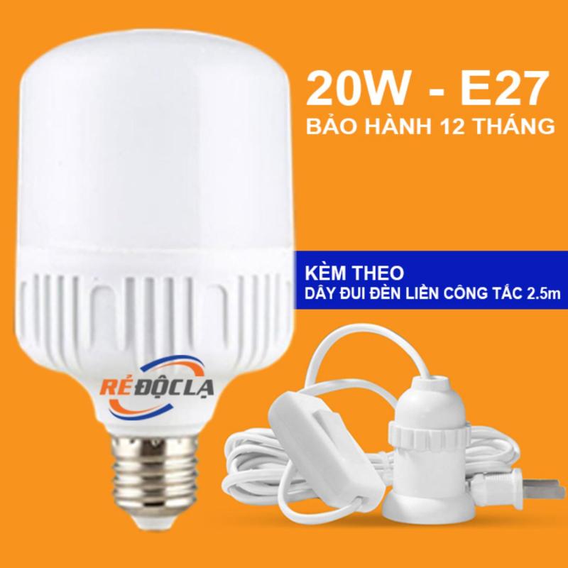 Bóng đèn Led trụ 20W (Ánh SángTrắng) + Dây đui đèn liền công tắc 2.5m