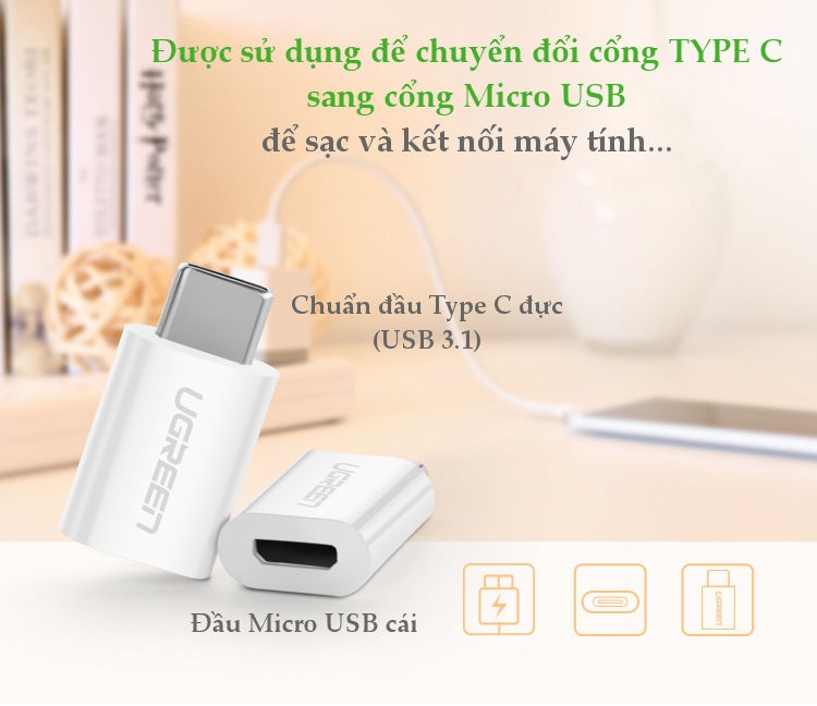 Đầu chuyển Micro USB sang USB type C, hỗ trợ chức năng OTG cho One plus 6 5 Xiaomi mi 8 Huawei.. UGREEN US157 Đầu chuyển Micro USB sang USB type C, hỗ trợ chức năng OTG cho One plus 6 5 Xiaomi mi 8 Huawei.. UGREEN US157