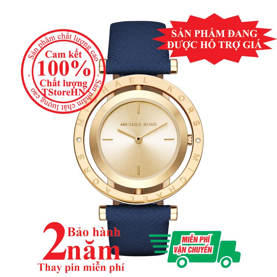 Đồng hồ nữ michael kors mk2526, vỏ và mặt đồng hồ màu vàng , mặt xoay, size 33mm, dây da màu xanh - mk2526