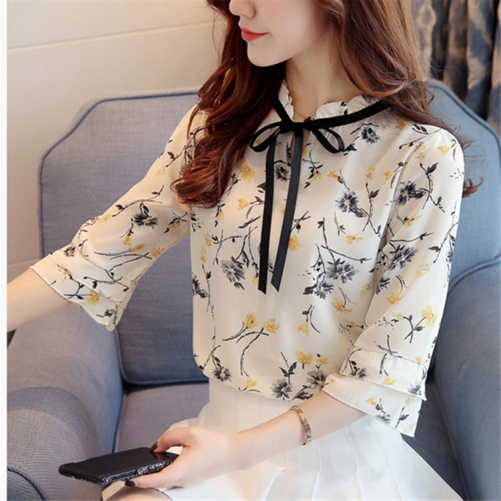 Áo sơ mi hoa mỏng hình hoa cổ nơ vải chiffon cực đẹp sang chảnh