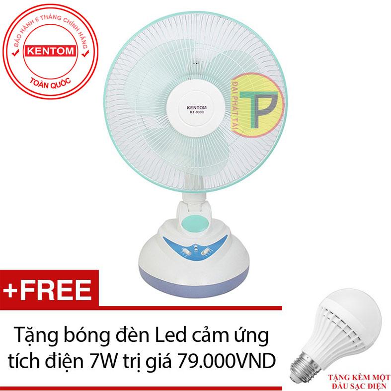 [HCM]Quạt sạc kiêm đèn ngủ Kentom KT-9300 - 1 bình (Trắng phối xanh) + Tặng bóng đèn Led cảm ứng tích điện 7W