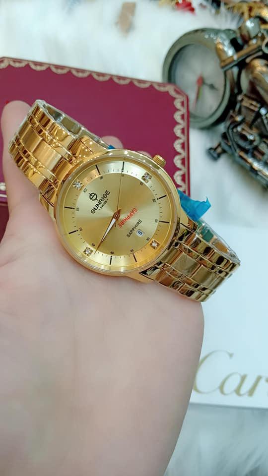 Đồng hồ nam dây kim loại Sunrise SR009 dây vàng mặt vàng size 40mm