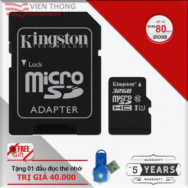 Bộ Thẻ nhớ 32GB Kingston tốc độ cao up to 80Mb/s Micro SDHC Class10 UHS1 và Adapter (Đen) + Tặng 1 đầu đọc thẻ nhớ micro PT
