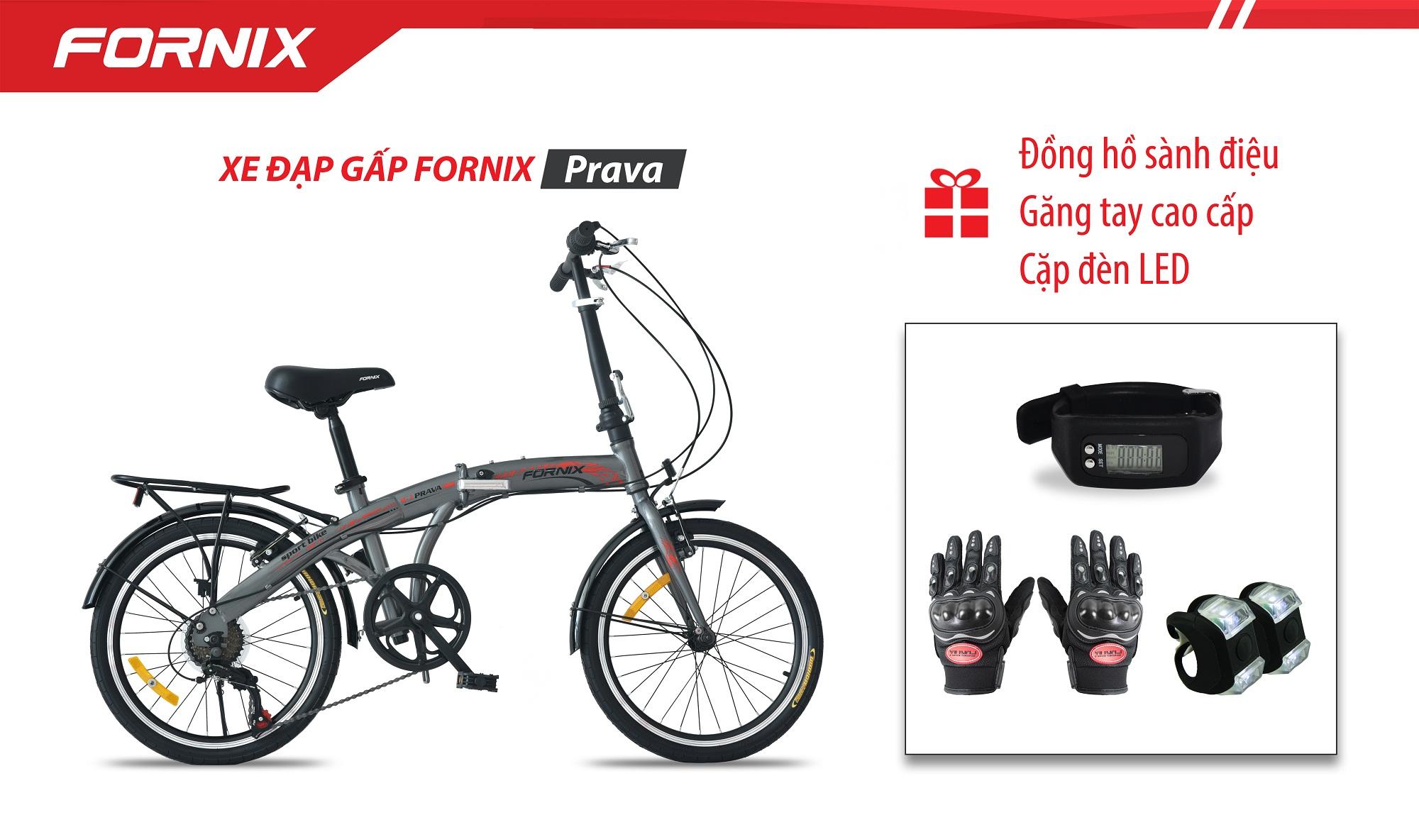 Xe đạp gấp hiệu FORNIX, mã PRAVA + (Gift) Cặp đèn LED, Đồng Hồ Đo Bước Đi, Găng tay