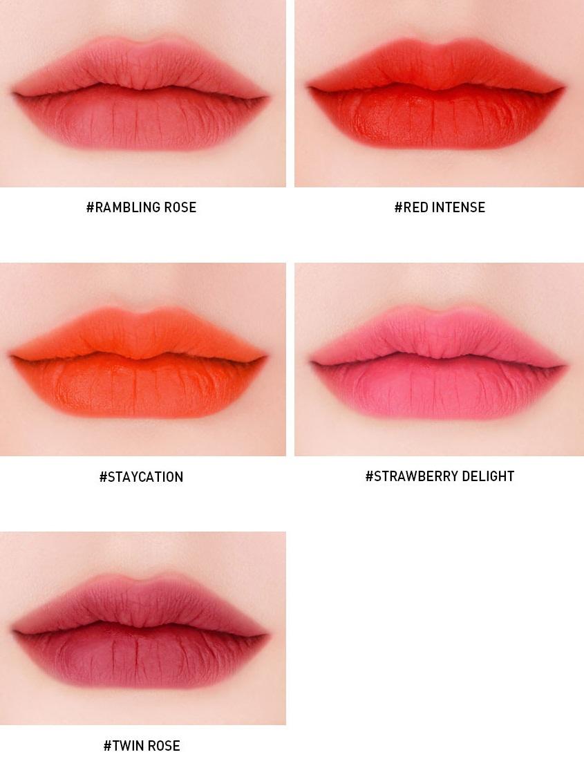 Son kem lì 3CE Maison Kitsune Velvet Lip Tint #Red Intense – Màu đỏ tươi ánh cam