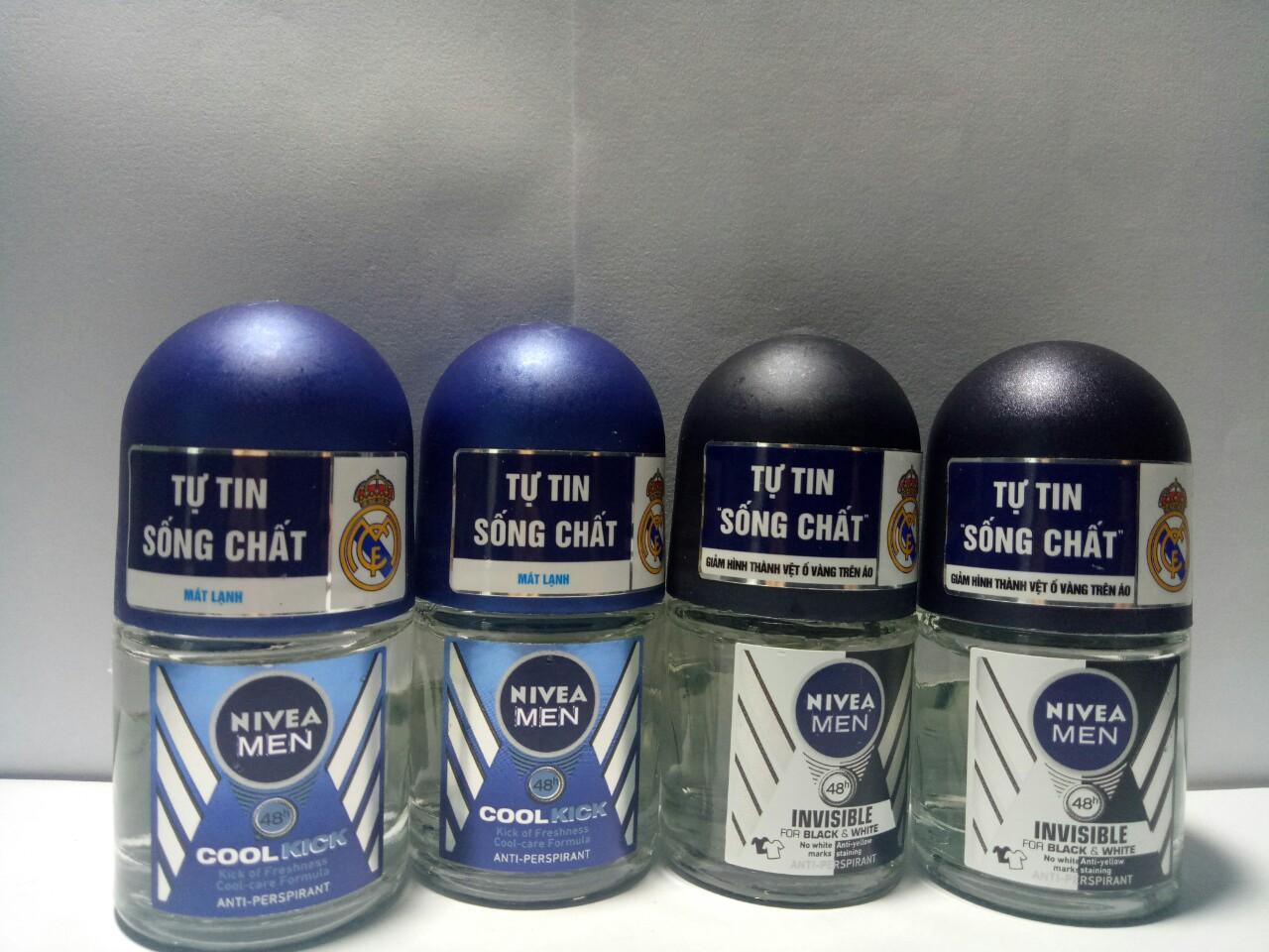 Trọn bộ 4 món lăn khử mùi : 2 nivea cool kick mát lạnh + 2 nivea men black & white 12ml + tặng 1 túi đựng mỹ phẩm