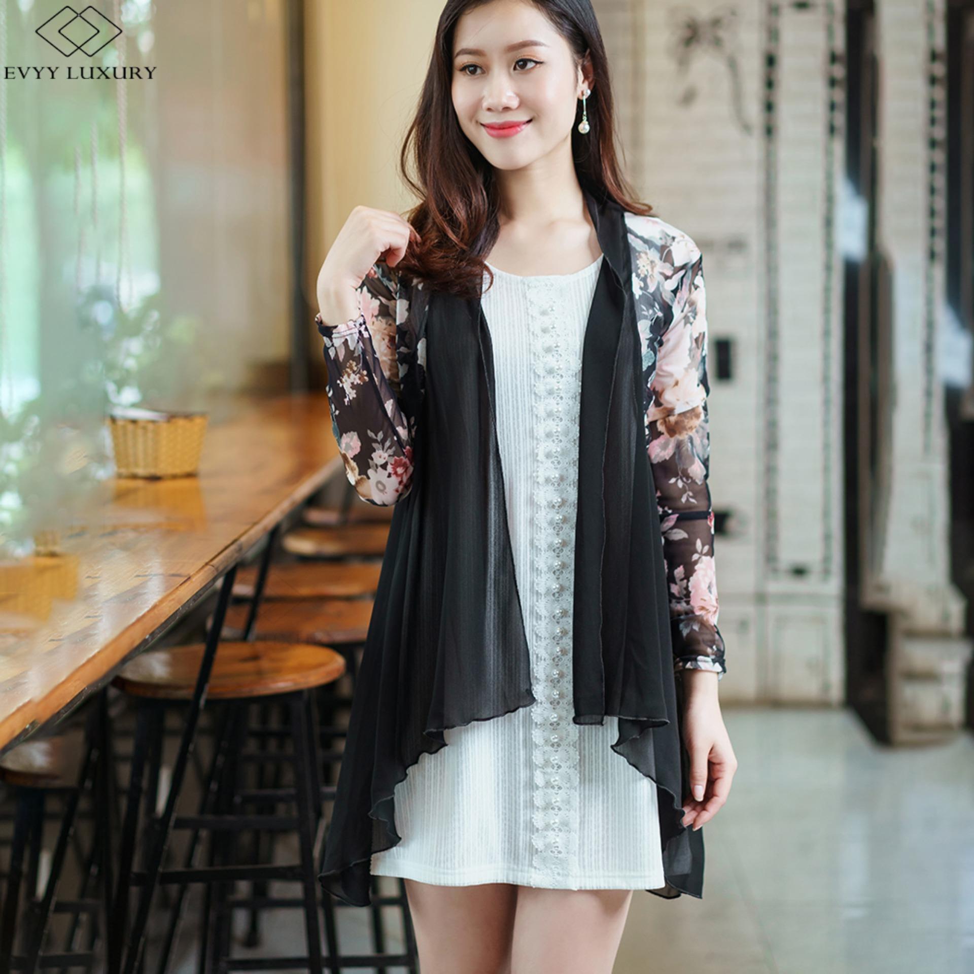 Ao khoác nữ cardigan kimono dài tay đen họa tiết hoa hồng dịu dàng thương hiệu Evyy A02