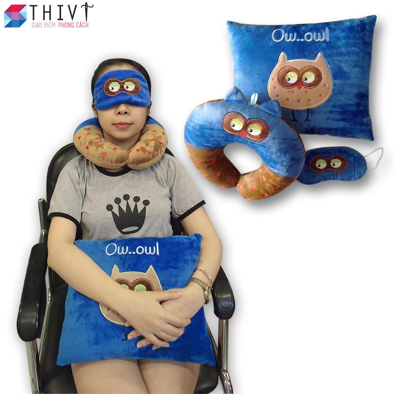 Bộ Gối Tựa Lưng + Gối Kê Cổ Chữ U + Bịt Mắt Chống Chói Thêu Hoạt Hình THIVI