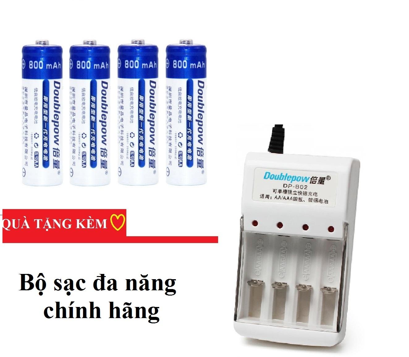 Combo Bộ 4 Pin tiểu sạc Doublepow AA 800mAh TẶNG Bộ sạc đa năng sạc cho pin AA, AAA