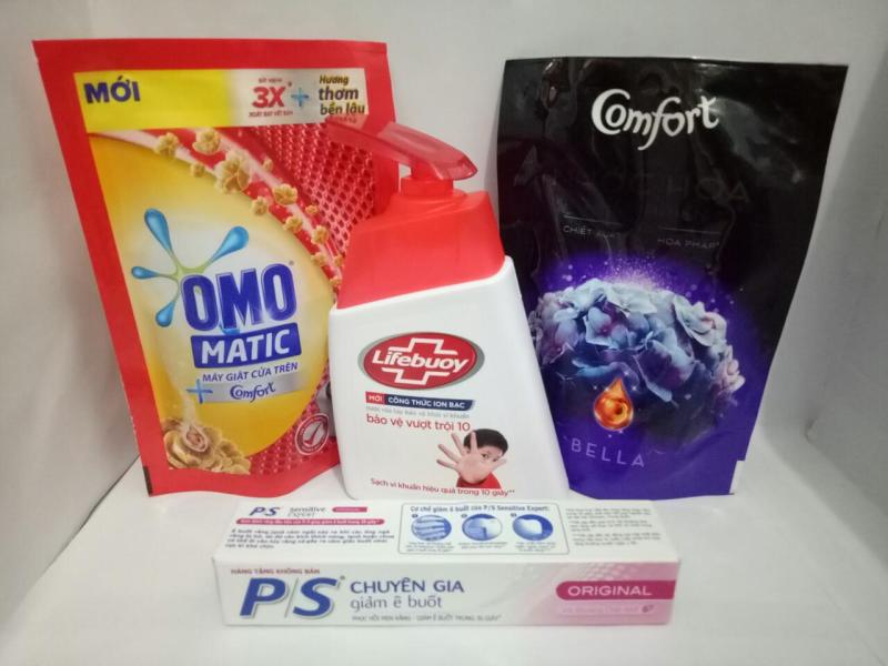 Trọn bộ 4 món : 1nước rửa tay Lifebuoy + 1túi nước giặt omo 150g/túi + 1túi nước xả comfor 120ml/túi + 1tuýt kem đánh răng ps + tặng kèm 1 túi đựng mỹ phẩm