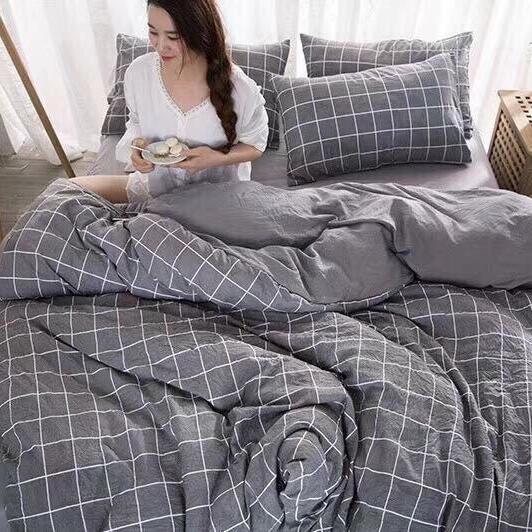 Bộ chăn ga gối cotton đũi nhập caro ghi.