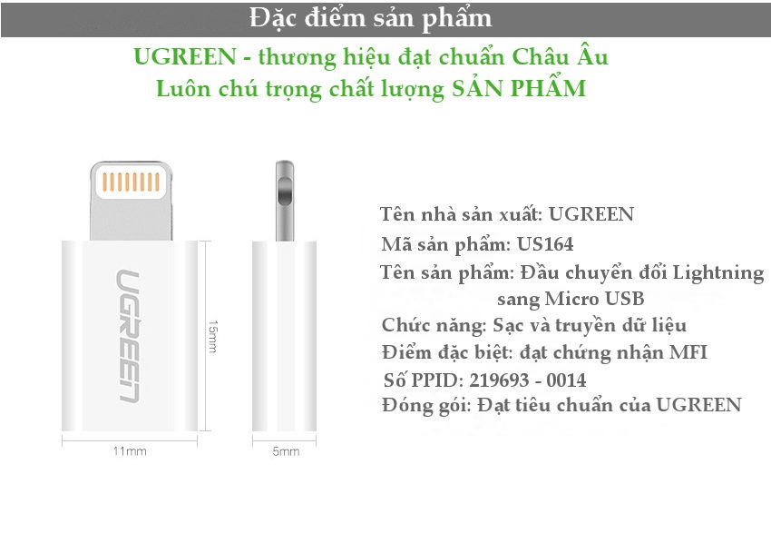 Đầu chuyển đổi Micro USB sang Lightning MFI UGREEN US258 /US164 Đầu chuyển đổi Micro USB sang Lightning MFI UGREEN US258 /US164