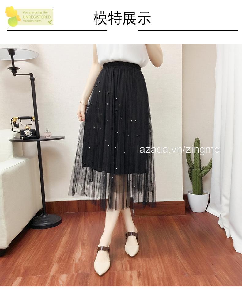 chân váy lưới dài đính ngọc trai MT153