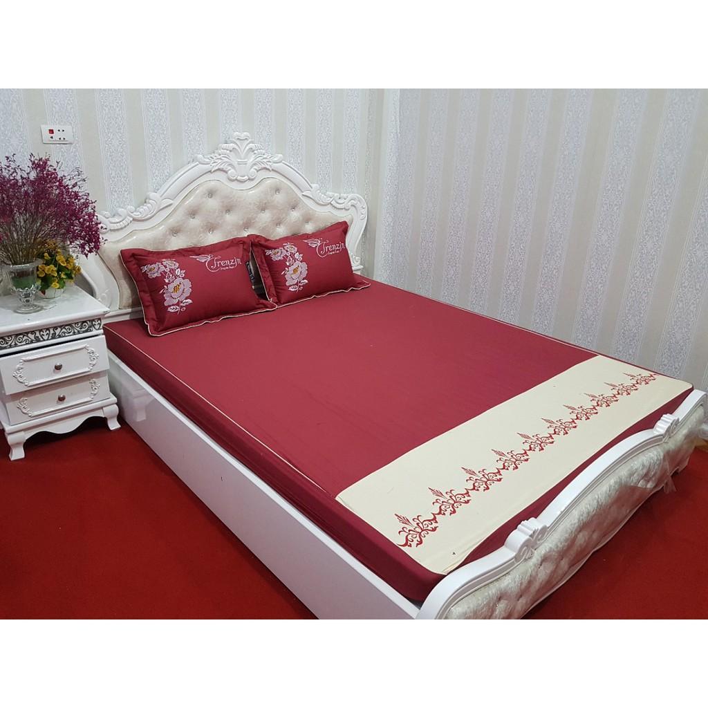 Combo ga + gối satin 100% cotton màu đổ mận