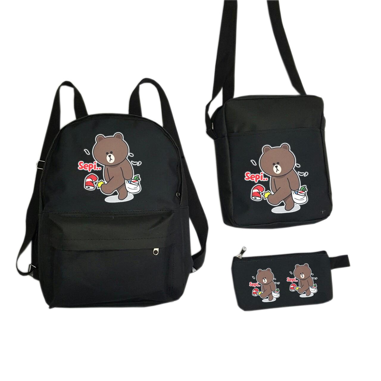 Set balo túi ví in gấu nâu