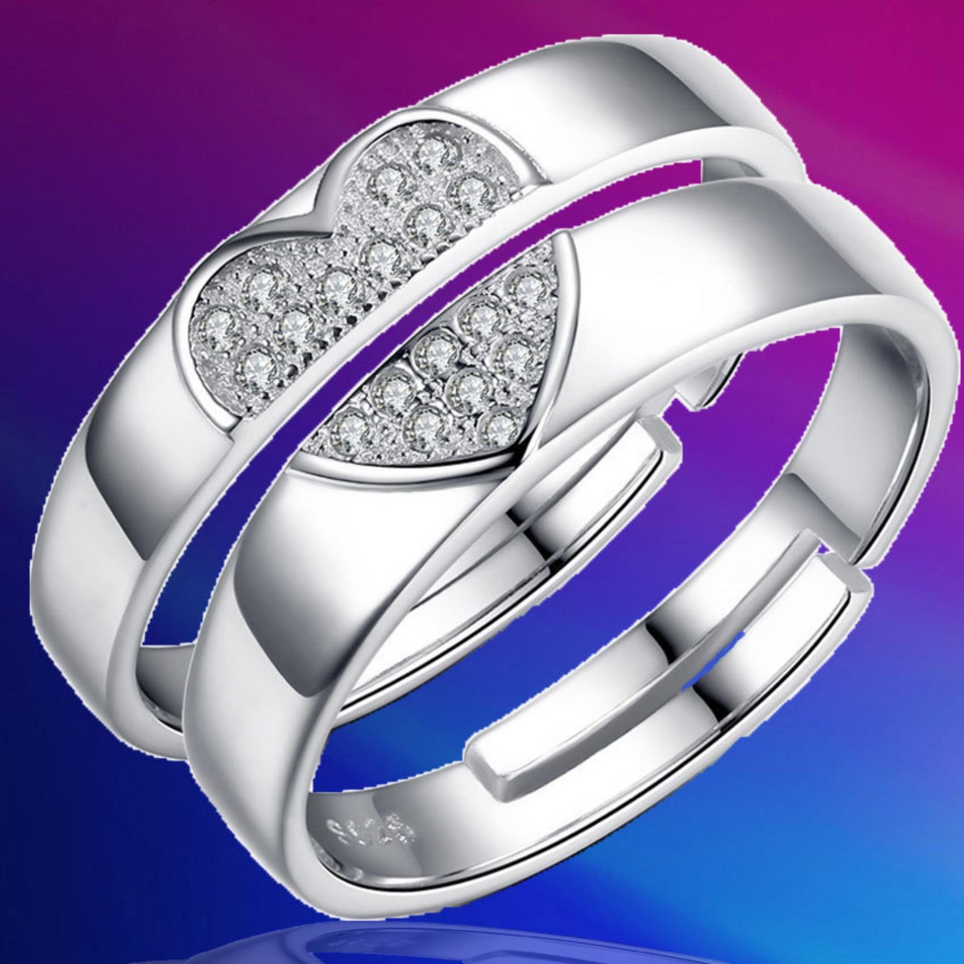 Nhẫn đôi thời trang một nữa trái tim tình yêu đá Zircon Free size HHN-JZ012(Bạc)
