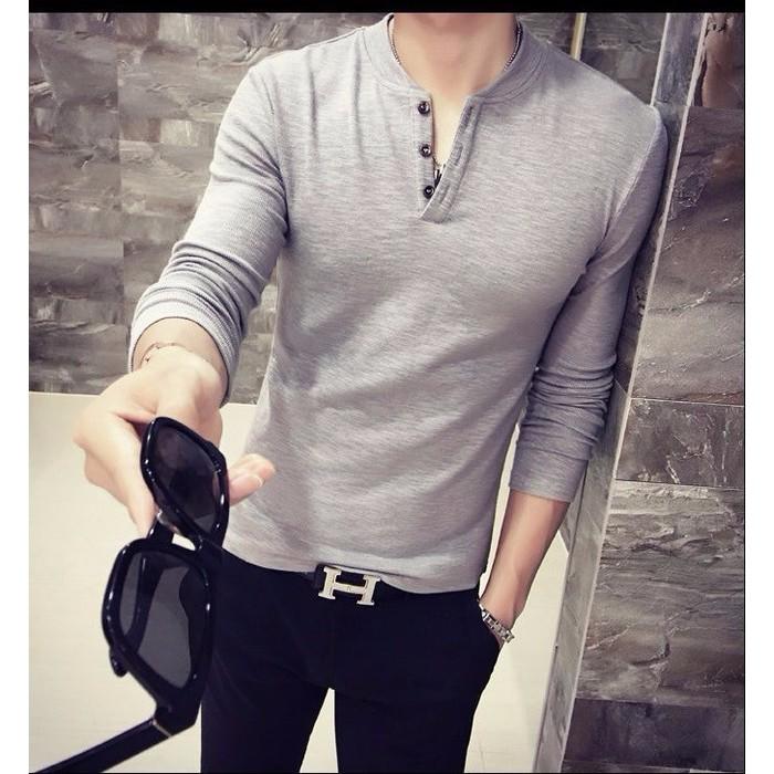 Áo thun tay dài body cổ tàu phối nút d287