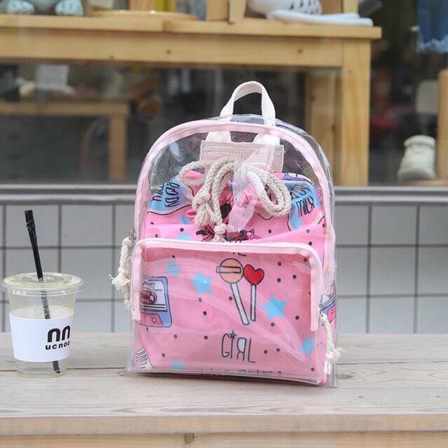 Balo trong suốt kèm túi rút in họa tiết cute màu hồng-HH0028