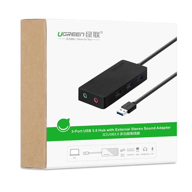 Hub USB 3 cổng 3.0 kèm 2 đầu mic và tai nghe cho âm thanh ngoài UGREEN CR134 Hub USB 3 cổng 3.0 kèm 2 đầu mic và tai nghe cho âm thanh ngoài UGREEN CR134