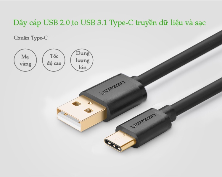 Cáp sạc và truyền dữ liệu hỗ trợ cổng USB 2.0 sang USB Type C độ dài từ 0.25-3m UGREEN US141 - Hãng phân phối chính thức Cáp sạc và truyền dữ liệu hỗ trợ cổng USB 2.0 sang USB Type C độ dài từ 0.25-3m UGREEN US141 - Hãng phân phối chính thức