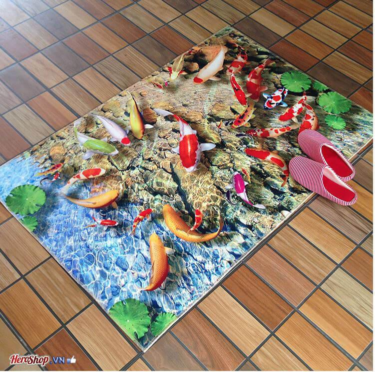 Thảm Lót Sàn 3D Chống Trượt Họa Tiết Hồ Cá Koi(40x60cm)