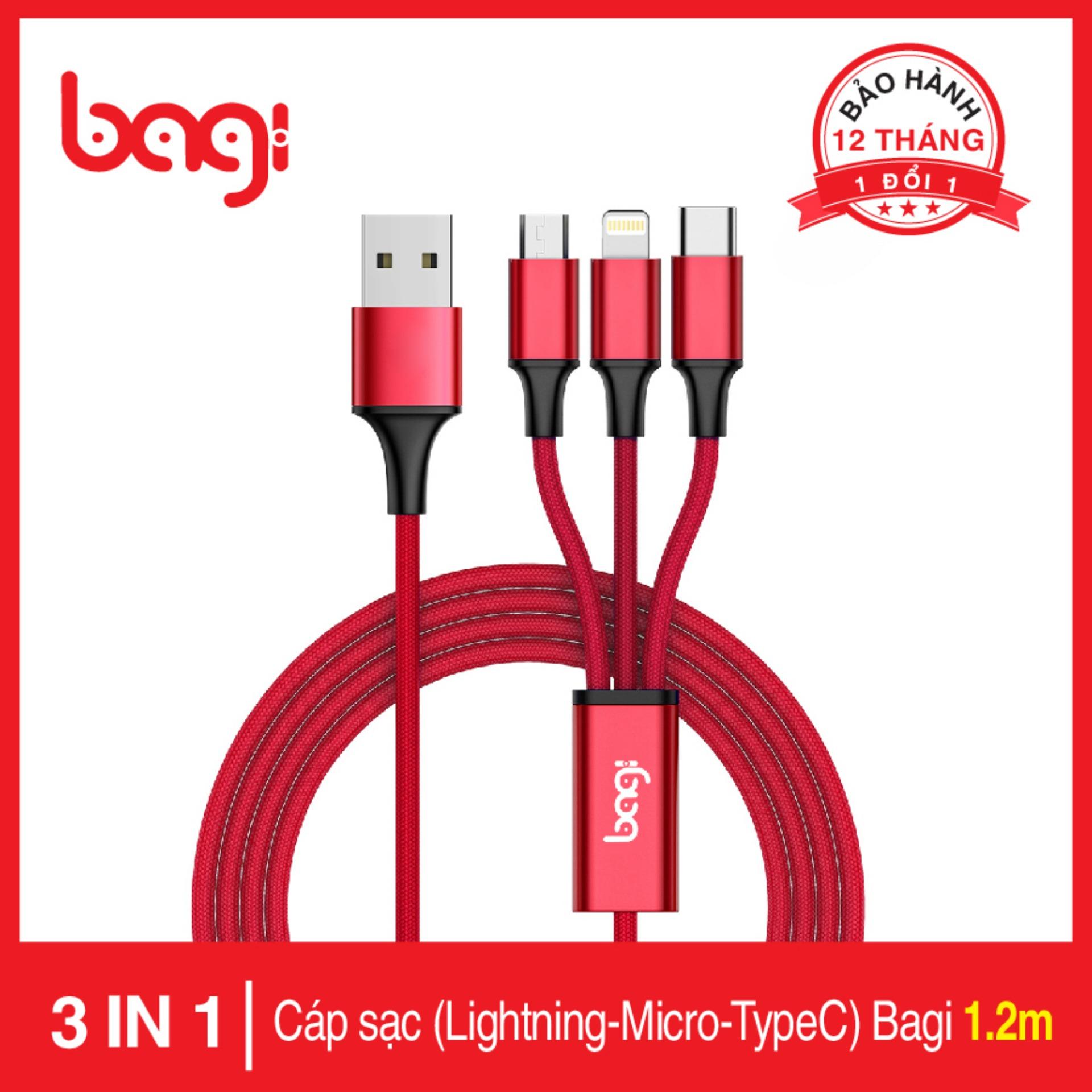 Cáp sạc đa năng 3 đầu Bagi Lightning Iphone + Micro + Type C