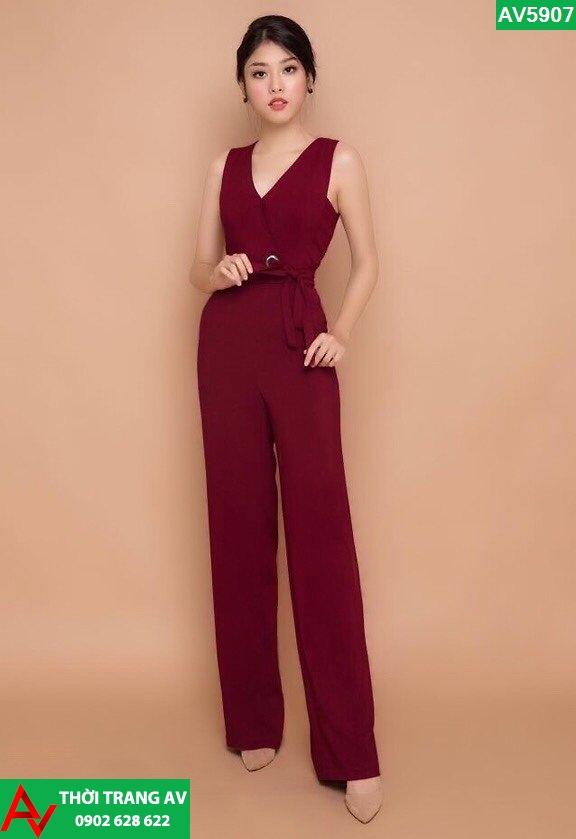 Jumpsuit - Đồ bay dài ống suông cổ V thắt nơ eo xinh xắn - AV5907