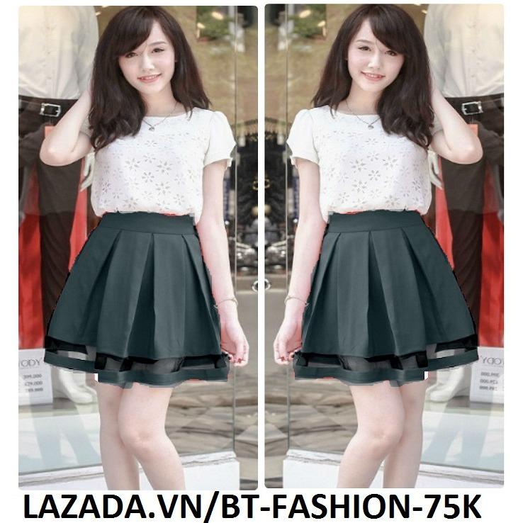 Chân Váy Xếp Ly Lưng Thun Phối Lưới Duyên Dáng Thời Trang Hàn Quốc - BT Fashion  VA004 (Đen)