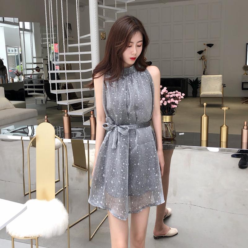 Nơi bán Váy đầm chữ A xòe sát nách thắt đai eo họa tiết ngôi sao hẹn hò dự tiệc công sở đi làm siêu xinh phong cách Hàn Quốc DN154 Letter A