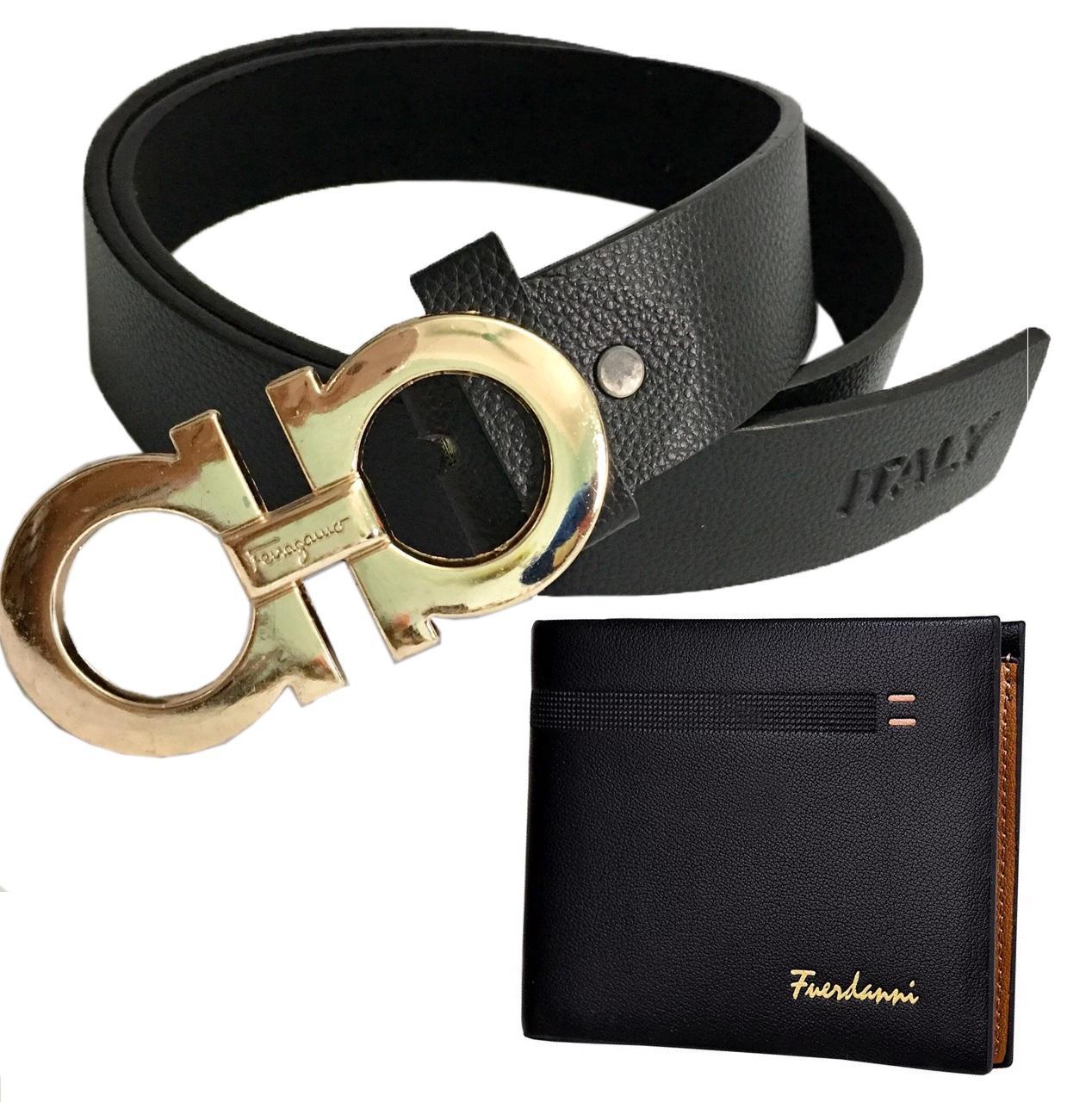 combo 2 sản phẩm Dây nịt thắt lưng da nam thời trang mặt 2A mạ vàng và ví da đen