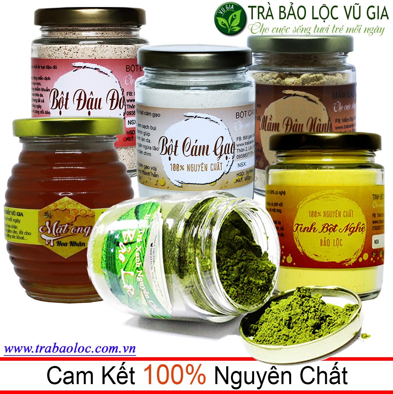 Bột trà xanh 100g + tinh bột nghệ 100g + bột đậu đỏ 100g + bột cám gạo 100g + mầm đậu nành 100g + mật ong nhãn 100ml nguyên chất- chăm sóc toàn thân