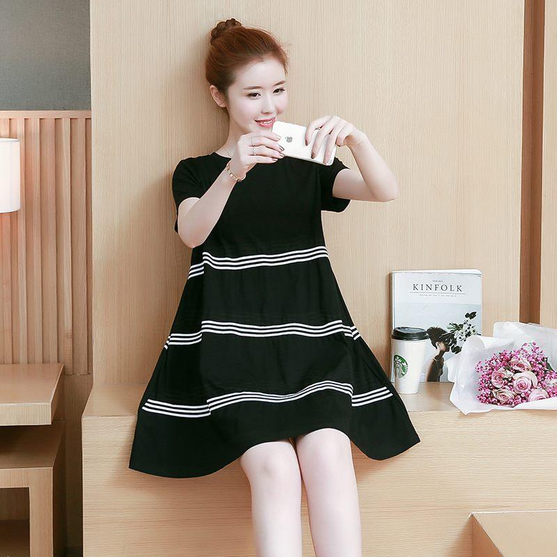 Đầm bầu-váy bầu đen phối kẻ dáng a cộc tay đb1165