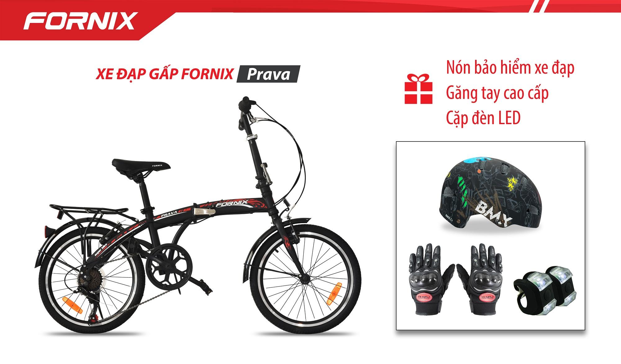 Xe đạp gấp hiệu FORNIX, mã PRAVA + (Gift) Cặp đèn LED, Nón Bảo Hiểm A02NC1, Găng tay