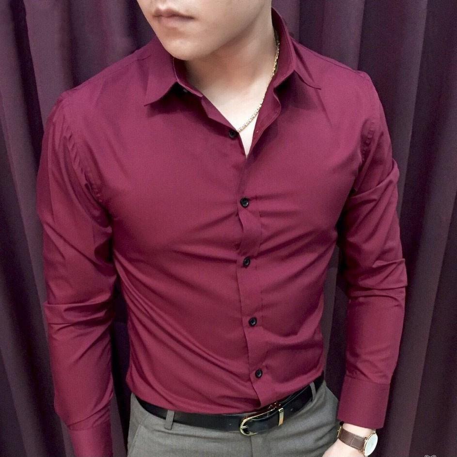 Áo sơ mi nam Đỏ Đô không nhăn, Sơ mi nam trơn dáng ôm Body Hàn quốc