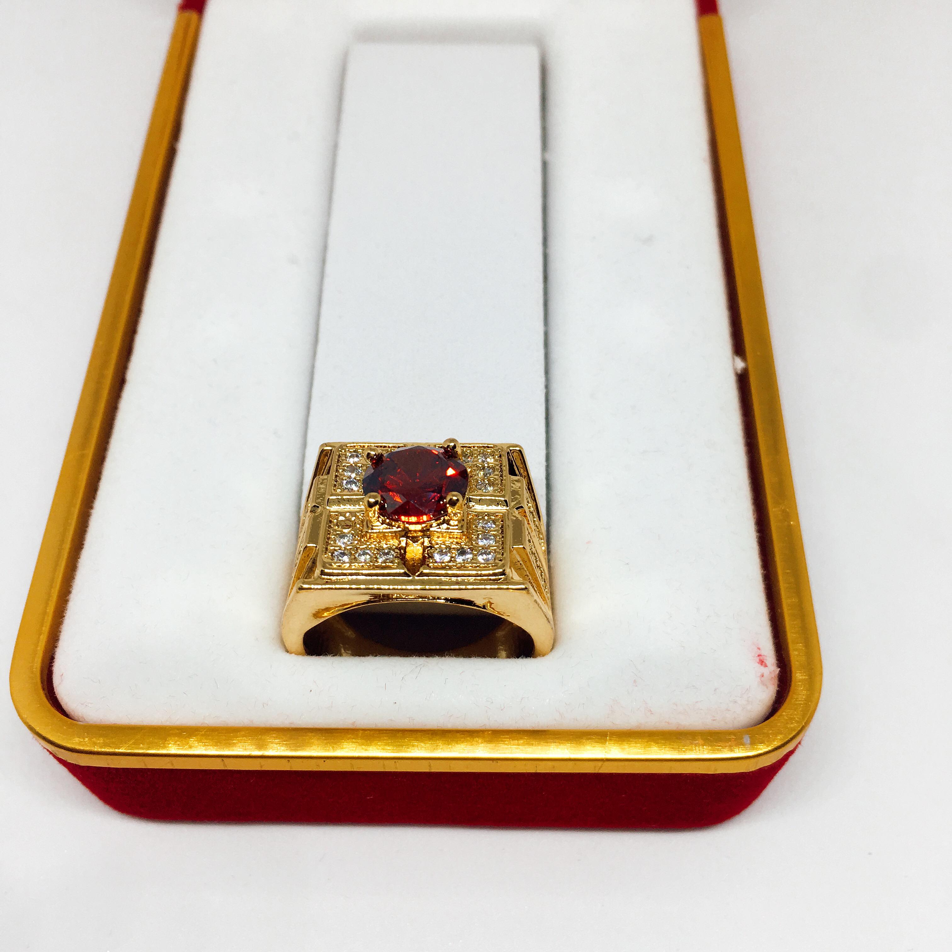 Trang sức phong thủy Nhẫn nam mạ vàng hạt ngọc đỏ cao cấp, may mắn