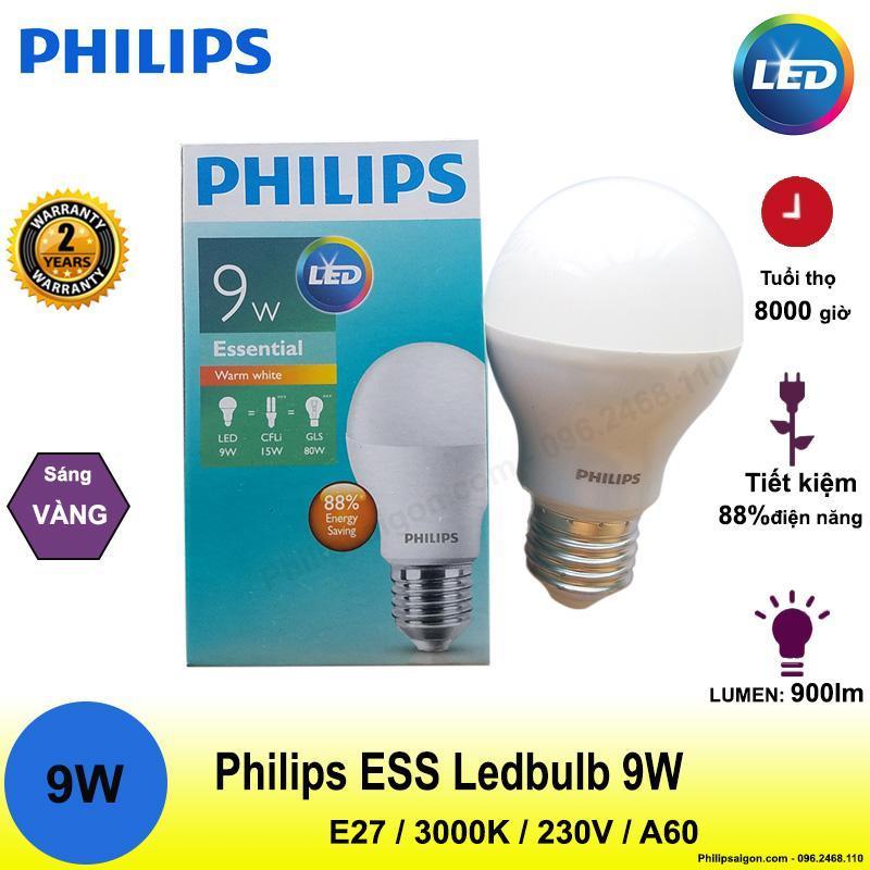 Bộ 2 bóng đèn led philips 9W Led bulb essential, Tiết kiệm điện, độ sáng cao, bảo hành 2 năm , Ánh sáng Trắng hoặc Vàng