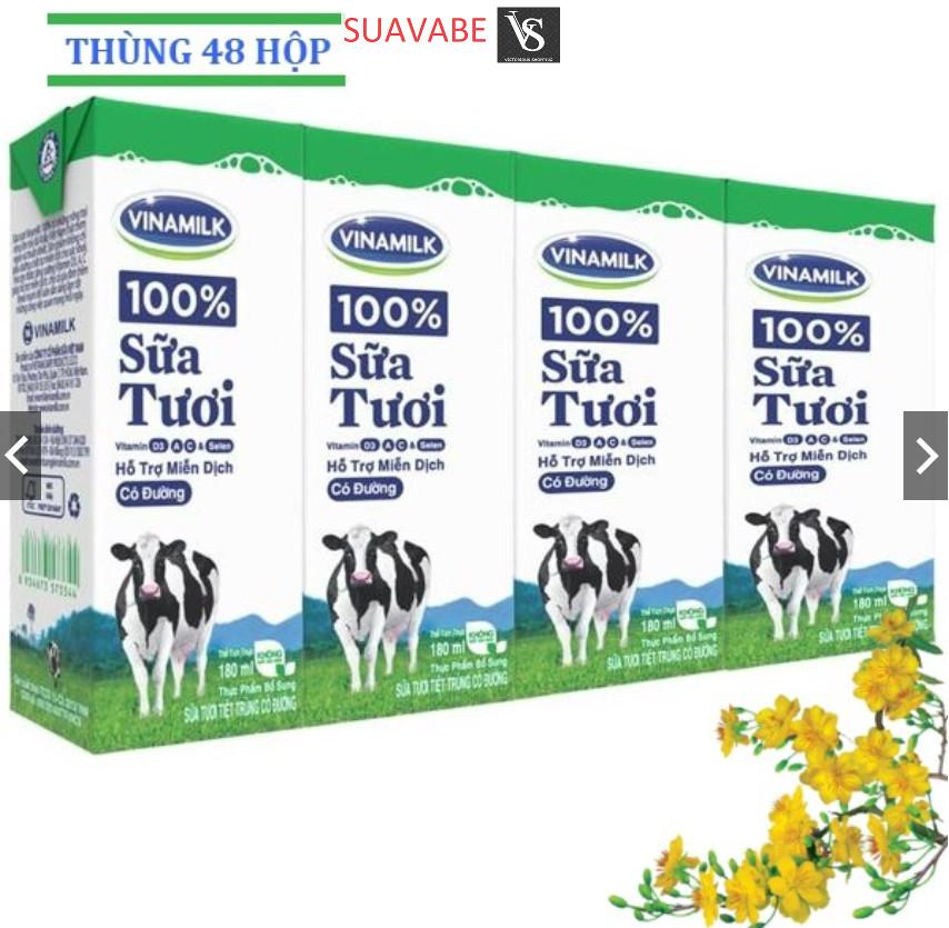 Thùng 48 hộp sữa tươi tiệt trùng Vinamilk 100% có đường 180ml, 100% sữa bò tươi nguyên chất, hỗ trợ miễn dịch, cho cả gia đình thêm khỏe mạnh