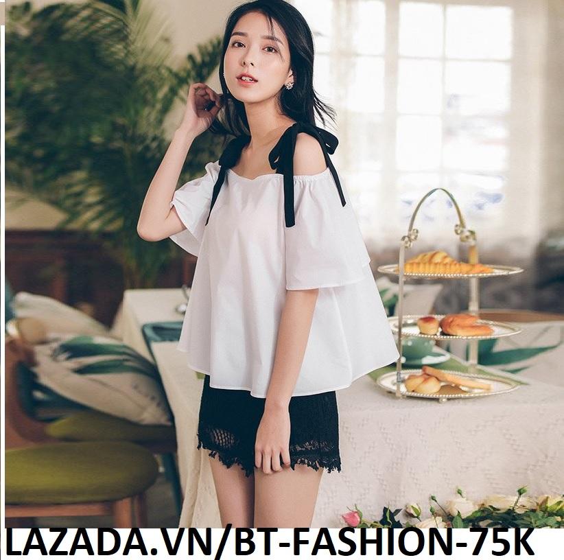 Áo Nữ Kiểu Trễ Vai, Voan Thời Trang Hàn Quốc Mới - BT Fashion (AK03 - Dây Vai Đen)