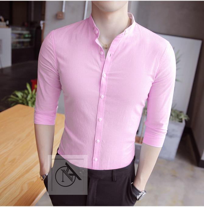 Sơ mi nam cổ tầu dài tay , mầu hồng phấn, chất lụa mềm mịn, chống nhăn